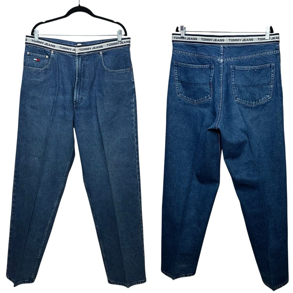 Vintage 90s Tommy Jeans Spell out Waistband Blue Denim Relaxed Fit Men’s Jeans